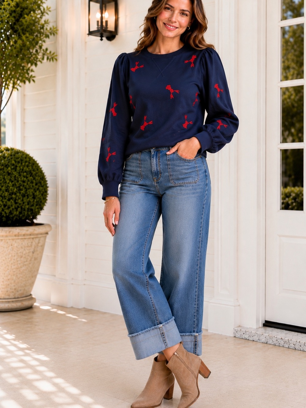 Jodifl Nantucket Embroidered Puff Sleeve Top in Navy Blue (Multiple Sizes)